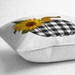 - 8635 - Realhomes  Beyaz Zemin Üzerinde Ayçiçek Desenli Ekoseli Balkabağı Yastık Kırlent Kılıfı Realhomes