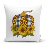 - 8637 - Realhomes Beyaz Emin Üzerinde Ayçiçek Desenli Balkabağı Dijital Baskılı Modern Yastık Kılıfı Realhomes