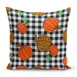 Siyah Beyaz Ekose Üzerinde Renkli Balkabağı Desenli Yastık Kırlent Kılıfı Realhomes