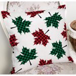 - 8645 - Realhomes Beyaz Zemin Üzerinde Ekoseli Sonbahar Yaprak Desenli Yastık Kırlent Kılıfı Realhomes