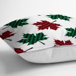 - 8645 - Realhomes Beyaz Zemin Üzerinde Ekoseli Sonbahar Yaprak Desenli Yastık Kırlent Kılıfı Realhomes