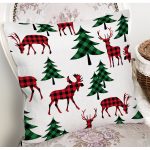 Beyaz Zemin Üzerinde Çam Ağaçli Ekoseli Geyik Motifli Yastık Kırlent Kılıfı Realhomes