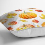 - 8648 - Realhomes Beyaz Zemin Üzerinde Sonbahar Renkli Balkabağı Desenli Yastık Kırlent Kılıfı Realhomes