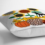 - 8649 - Realhomes Beyaz Zemin Üzerinde Ayçiçek Desenli Ekoseli Balkabağı Yastık Kırlent Kılıfı Realhomes