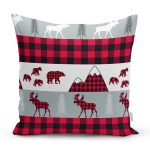 - 8665 - Realhomes Beyaz Zemin Üzerinde Ekose Desenli Geyik Desenli Modern Yastık Kırlent Kılıfı Realhomes