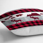 - 8665 - Realhomes Beyaz Zemin Üzerinde Ekose Desenli Geyik Desenli Modern Yastık Kırlent Kılıfı Realhomes