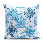 - 8682 - Realhomes Beyaz Zeminli Mavi Renkli Deniz Otu Dijital Baskılı Modern Yastık Kırlent Kılıfı Realhomes