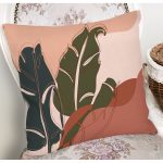 - 8683 - Realhomes  Pastel Zemin Üzerinde Onedraw Çizimli Yaprak Desenli Yastık Kırlent Kılıfı Realhomes