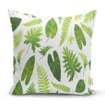 - 8684 - Realhomes Beyaz Zemin Üzerinde Yeşil Yaprak Desenli Yastık Kırlent Kılıfı Realhomes