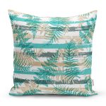 Beyaz Zemin Üzerinde Yeşil Çizgili Yaprak Desenli Modern Yastık Kırlent Kılıfı Realhomes