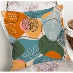 Renkli Zemin Üzerinde Onedraw Çizimli Yaprak Desenli Yastık Kırlent Kılıfı Realhomes