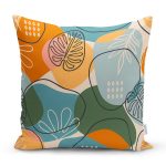 Renkli Zemin Üzerinde Onedraw Çizimli Yaprak Desenli Yastık Kırlent Kılıfı Realhomes