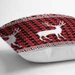 - 8731 - Realhomes Kırmızı Ekose Desenli Geyik Motifli Dijital Baskılı Modern Yastık Kırlent Kılıfı Realhomes