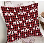 - 8733 - Realhomes  Kırmızı Ekose Desenli Geyik Motifli Dijital Baskılı Modern Yastık Kırlent Kılıfı Realhomes