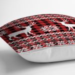 - 8735 - Realhomes Kırmızı Ekose Desenli Geyik Motifli Dijital Baskılı Modern Yastık Kırlent Kılıfı Realhomes