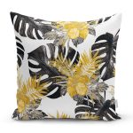 - 8741 - Realhomes Beyaz Zemin Üzerinde Gold Detaylı Yaprak Desenli Modern Yastık Kırlent Kılıfı Realhomes