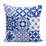 - 8755 - Realhomes Beyaz Zemin Üzerinde Çini Desenli Dijital Baskılı Modern Yastık Kırlent Kılıfı Realhomes