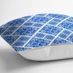 - 8756 - Realhomes Beyaz Zemin Üzerinde Çini Desenli Dijital Baskılı Modern Yastık Kırlent Kılıfı Realhomes