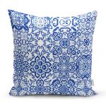 - 8759 - Realhomes Beyaz Zemin Üzerinde Çini Desenli Dijital Baskılı Modern Yastık Kırlent Kılıfı Realhomes