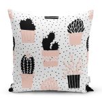- 8845 - Realhomes Beyaz Zemin Üzerinde Siyah Puantiyeli Kaktüs Desenli Yastık Kırlent Kılıfı Realhomes