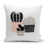 - 8846 - Realhomes  Beyaz Zemin Üzerinde Siyah Puantiyeli Kaktüs Desenli Yastık Kırlent Kılıfı Realhomes