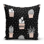 Siyah Zemin Üzerinde Kaktüs Desenli Dijital Baskılı Modern Yastık Kırlent Kılıfı Realhomes