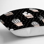 Siyah Zemin Üzerinde Kaktüs Desenli Dijital Baskılı Modern Yastık Kırlent Kılıfı Realhomes