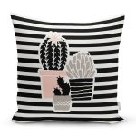 - 8854 - Realhomes  Renkli Zemin Üzerinde Siyah Çizgili Kaktüs Desenli Modern Yastık Kırlent Kılıfı Realhomes