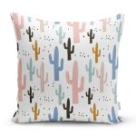 Beyaz Zeminli Renkli Kaktüs Desenli Dijital Baskılı Modern Yastık Kırlent Kılıfı Realhomes