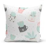 - 8864 - Realhomes Beyaz Zemin Üzerinde Kaktüs Desenli Dijital Baskılı Modern Yastık Kırlent Kılıfı Realhomes