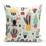 - 8866 - Realhomes Renkli Zeminli Sevimli Kaktüs Desenli Dijital Baskılı Modern Yastık Kırlent Kılıfı Realhomes