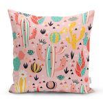 - 8867 - Realhomes Renkli Zemin Üzerinde Kaktüs Desenli Dijital Baskılı Modern Yastık Kırlent Kılıfı Realhomes