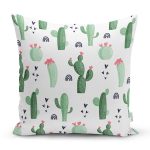 - 8884 - Realhomes Beyaz Zemin Üzerinde Kaktüs Desenli Dijital Baskılı Modern Yastık Kırlent Kılıfı Realhomes