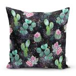 - 8885 - Realhomes  Siyah Zemin Üzerinde Kaktüs Desenli Dijital Baskılı Modern Yastık Kırlent Kılıfı Realhomes