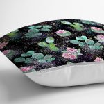 - 8885 - Realhomes  Siyah Zemin Üzerinde Kaktüs Desenli Dijital Baskılı Modern Yastık Kırlent Kılıfı Realhomes