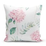 Beyaz Zeminli Yeşil Yapraklı Ortanca Çiçek Dijital Baskılı Modern Kırlent Kılıfı Realhomes