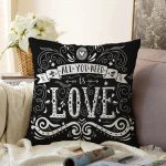 Siyah Love Dijital Baskılı Dekoratif Raşel Kadife Yastık Kırlent Kılıfı Realhomes