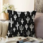 Siyah Beyaz Kaktüs Dijital Baskılı Dekoratif Raşel Kadife Yastık Kırlent Kılıfı Realhomes