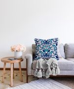 Mavi Cam Göbeği Etnik Desenli Dekoratif Raşel Kadife Yastık Kırlent Kılıfı Realhomes