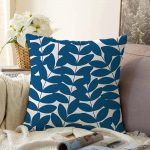 Lacivert Yaprak Desenli Dijital Baskılı Dekoratif Raşel Kadife Yastık Kılıfı Realhomes
