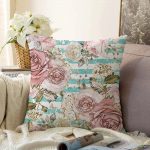 - Sonil-K-2478-Gorsel1 - Realhomes  Mavi Çizgi Desenli Kavaniçe Çiçek Motifli Raşel Kadife Yastık Kırlent Kılıfı Realhomes