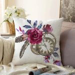 Cep Saati Motifli Kuş Tüyü Desenli Dekoratif Raşel Kadife Yastık Kırlent Kılıfı Realhomes