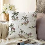 Beyaz Temalı Palmiye Adası Dijital Baskılı Raşel Kadife Yastık Kırlent Kılıfı Realhomes