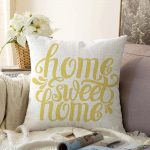 Hardal Renk Home Sweet Home Dijital Baskılı Raşel Kadife Yastık Kırlent Kılıfı Realhomes