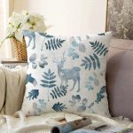 Beyaz Zeminli Geyik ve Yaprak Motifleri Dijital Baskılı Raşel Kadife Yastık Kırlent Kılıfı Realhomes