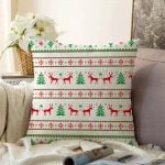 Beyaz Zeminli Kanaviçe Geyik Desenli Dekoratif Raşel Kadife Yastık Kırlent Kılıfı Realhomes