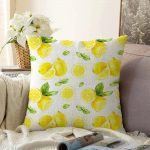 Beyaz Zeminde Limonlar Desenli Dijital Baskılı Raşel Kadife Yastık Kırlent Kılıfı Realhomes