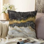 Modern Siyah Beyaz Altın Mermer Motifli Dijital Baskılı Raşel Kadife Yastık Kırlent Kılıfı Realhomes