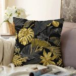 - Sonil-K-3169-Gorsel1 - Realhomes Siyah Zeminde Altın Yapraklar Desenli Dekoratif Raşel Kadife Yastık Kırlent Kılıfı Realhomes