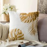 - Sonil-K-3181-Gorsel1 - Realhomes  3D Altın Renkli Palmiye Yaprakları Desenli Dekoratif Raşel Kadife Yastık Kırlent Kılıfı Realhomes
